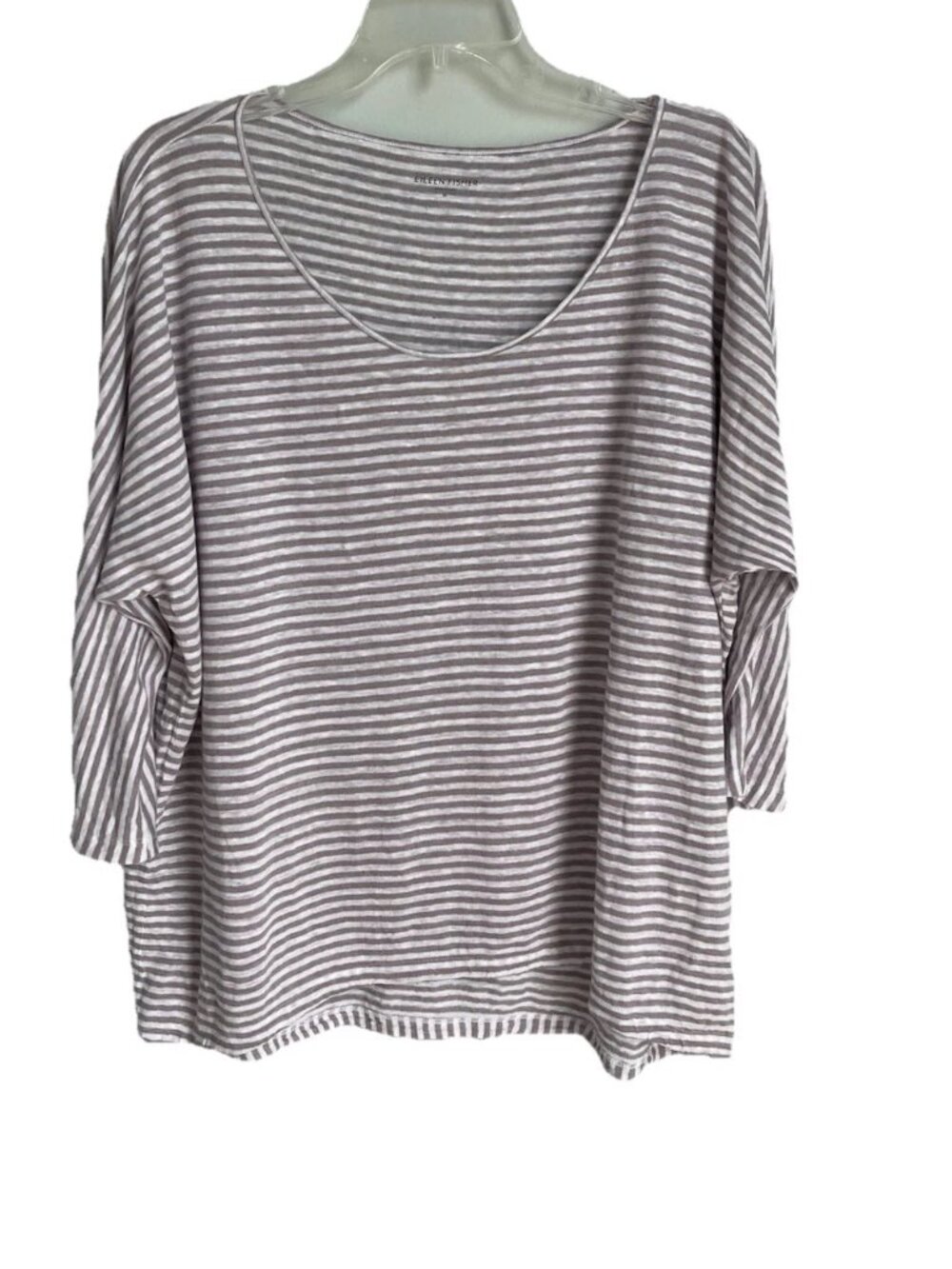 Eileen Fisher Gray White Striped 100% Linen Dolman Sleeve Top